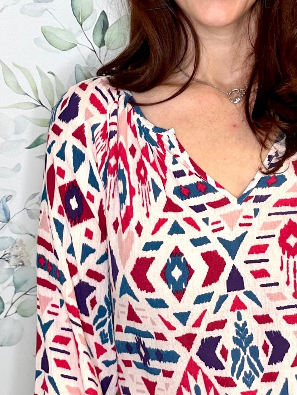 NWT Emily Wonder Small Long-Sleeve Geometric Print Blouse - Red, White, & Blue
